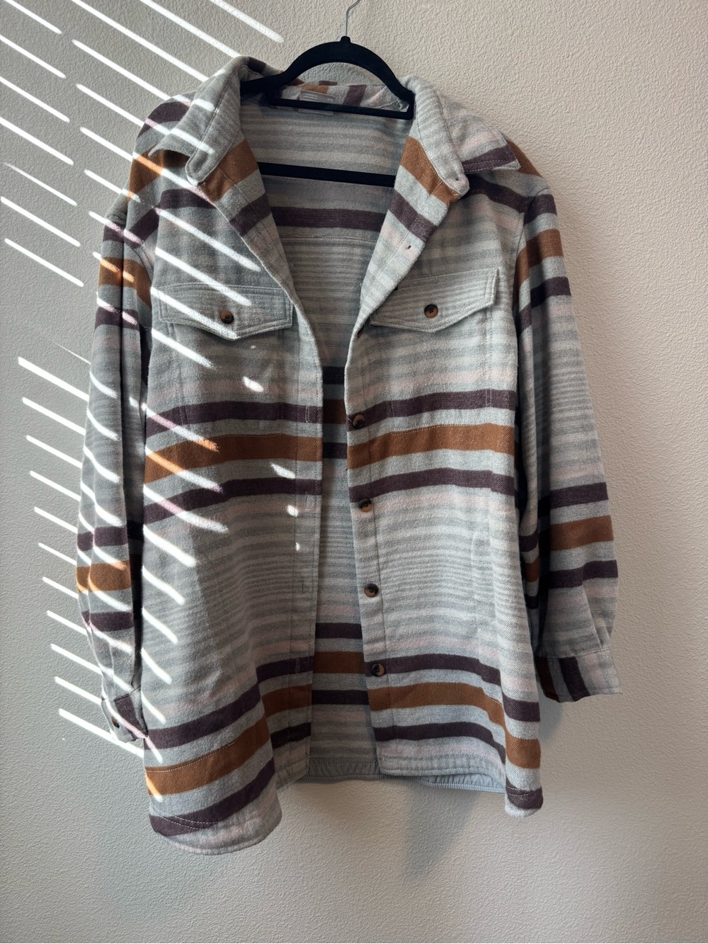 Columbia Striped Button-Up Shacket in Cream, Brown & Gray